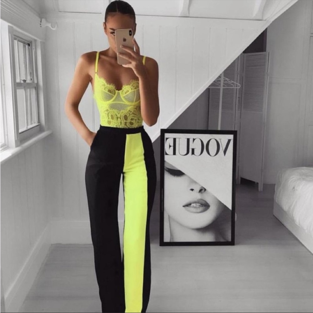 HOUSE OF CB | Ivey Neon Yellow Color Block Slouchy Straight Leg Trousers Small